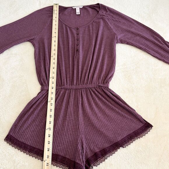Victoria's Secret Romper Pajama Size L Burgundy Loungewear Ribbed Henley Style - Picture 12 of 13